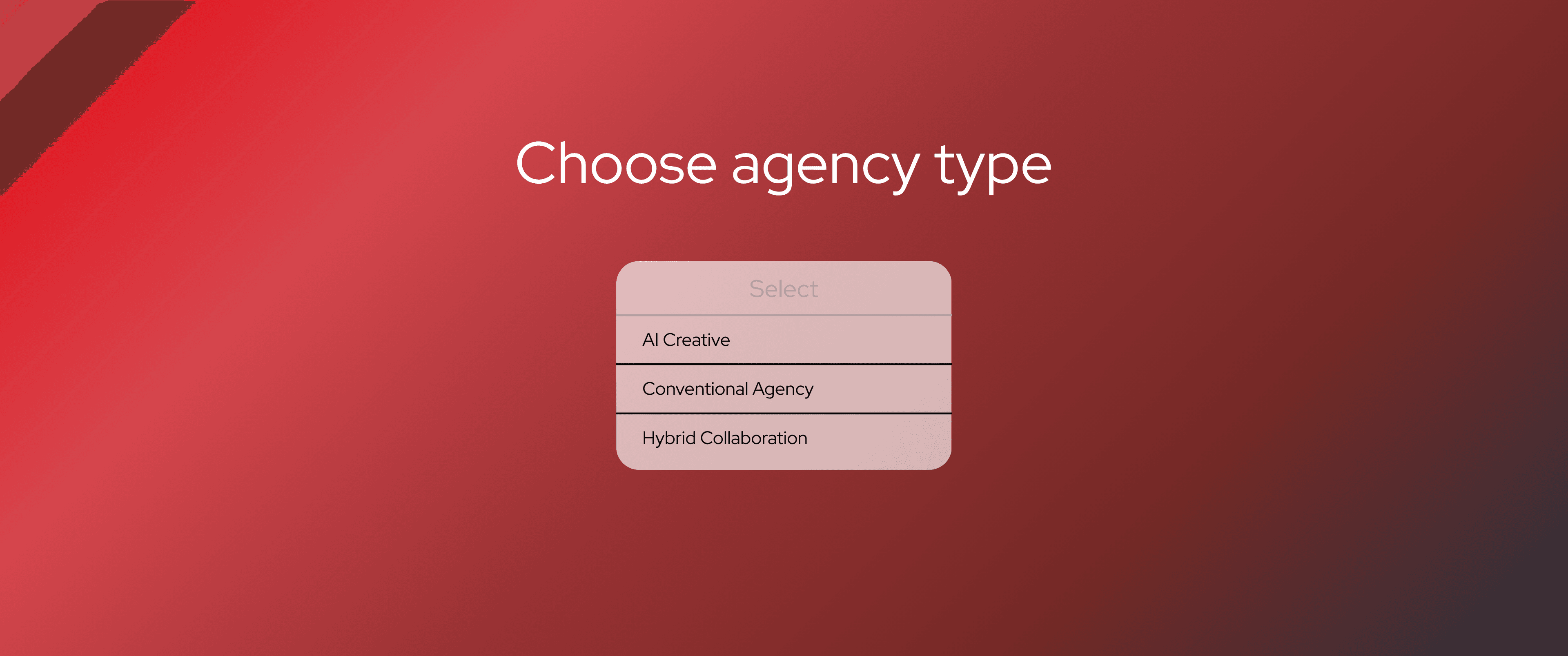 Blog header showing a dropdown menu to choose an agency type, with options for AI Creative, Conventional Agency, and Hybrid Collaboration.