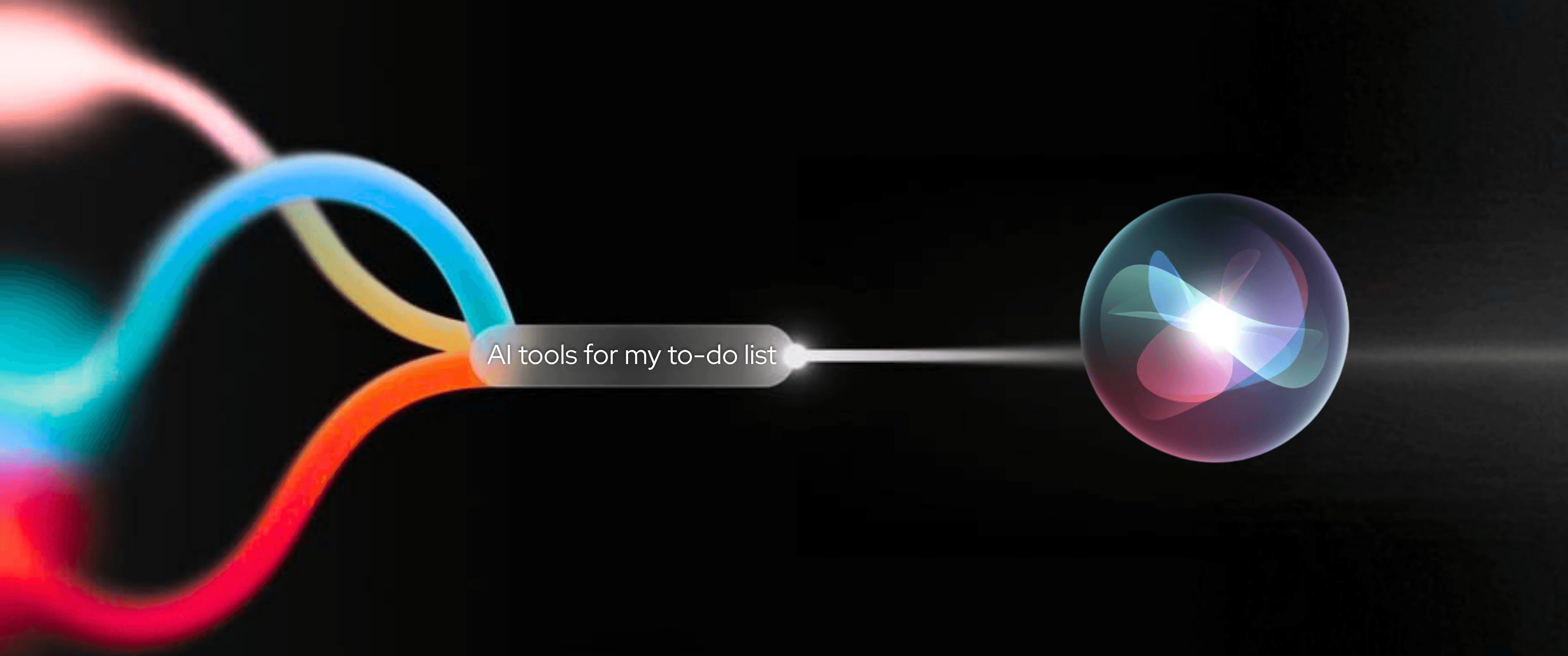 Abstract AI productivity concept showing colorful flowing lines converging into a glowing digital assistant, with the text “AI tools for my to-do list.”