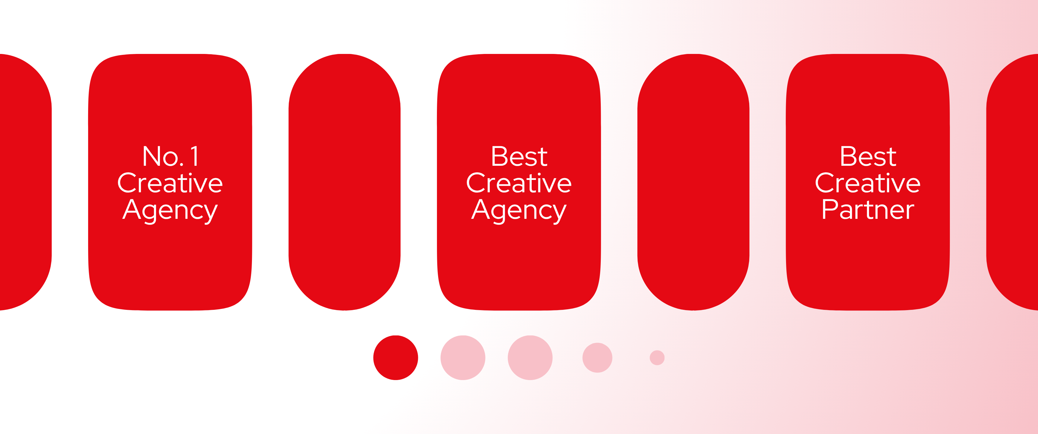 Blog header featuring a series of bold red rounded cards arranged like a carousel on a white-to-pink gradient background. The cards display phrases including “No. 1 Creative Agency,” “Best Creative Agency,” and “Best Creative Partner,” with navigation dots below, illustrating different positioning and branding choices for creative agencies.