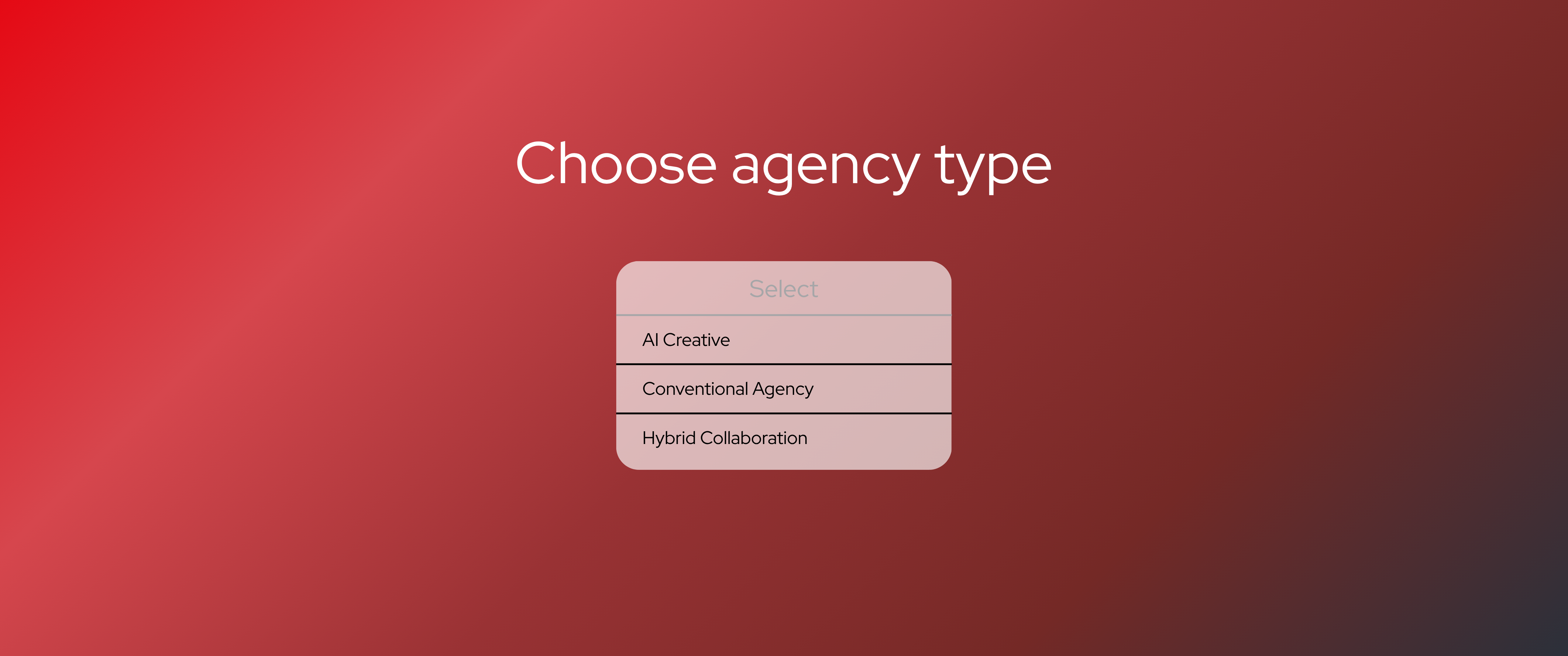 Blog header showing a dropdown menu to choose an agency type, with options for AI Creative, Conventional Agency, and Hybrid Collaboration.