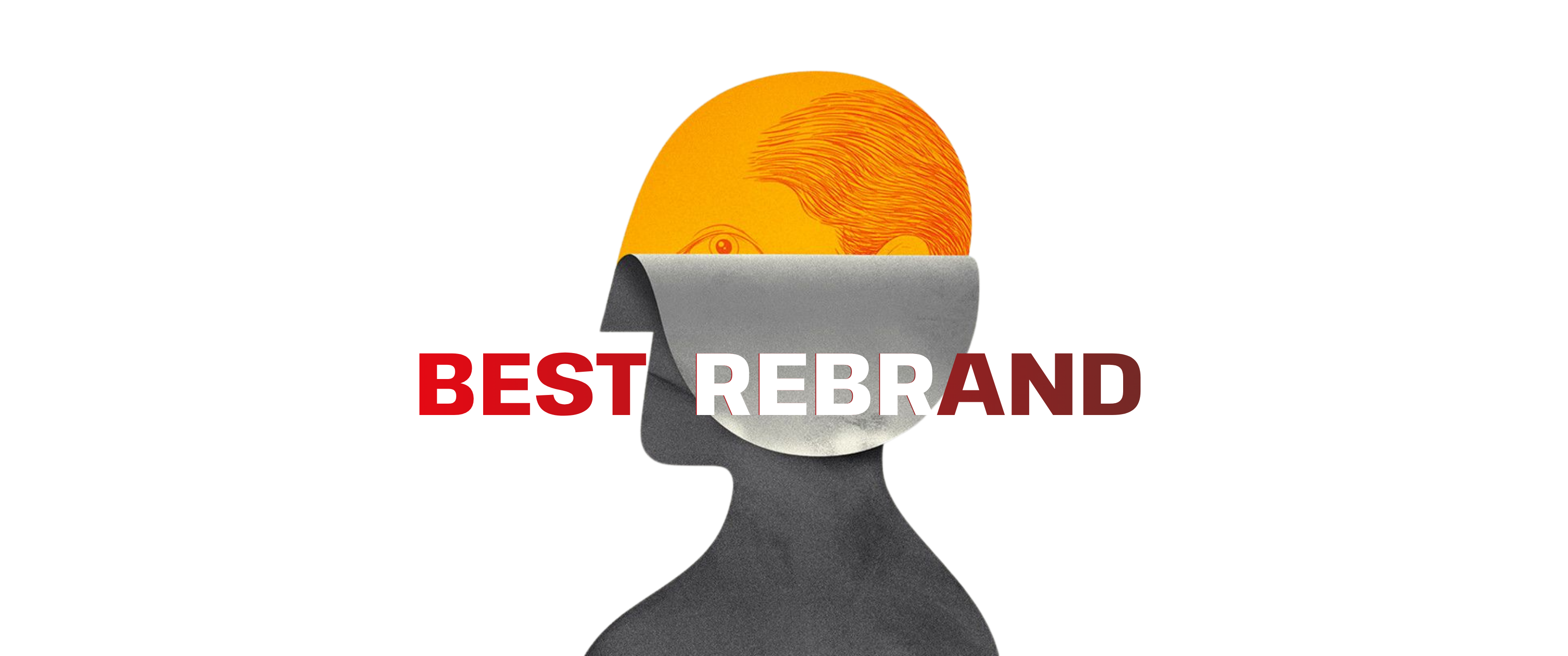 Rebranding concept featuring a stylized human bust with a partially unrolled face illustration and bold red and white text reading “Best Rebrand” on a white background.