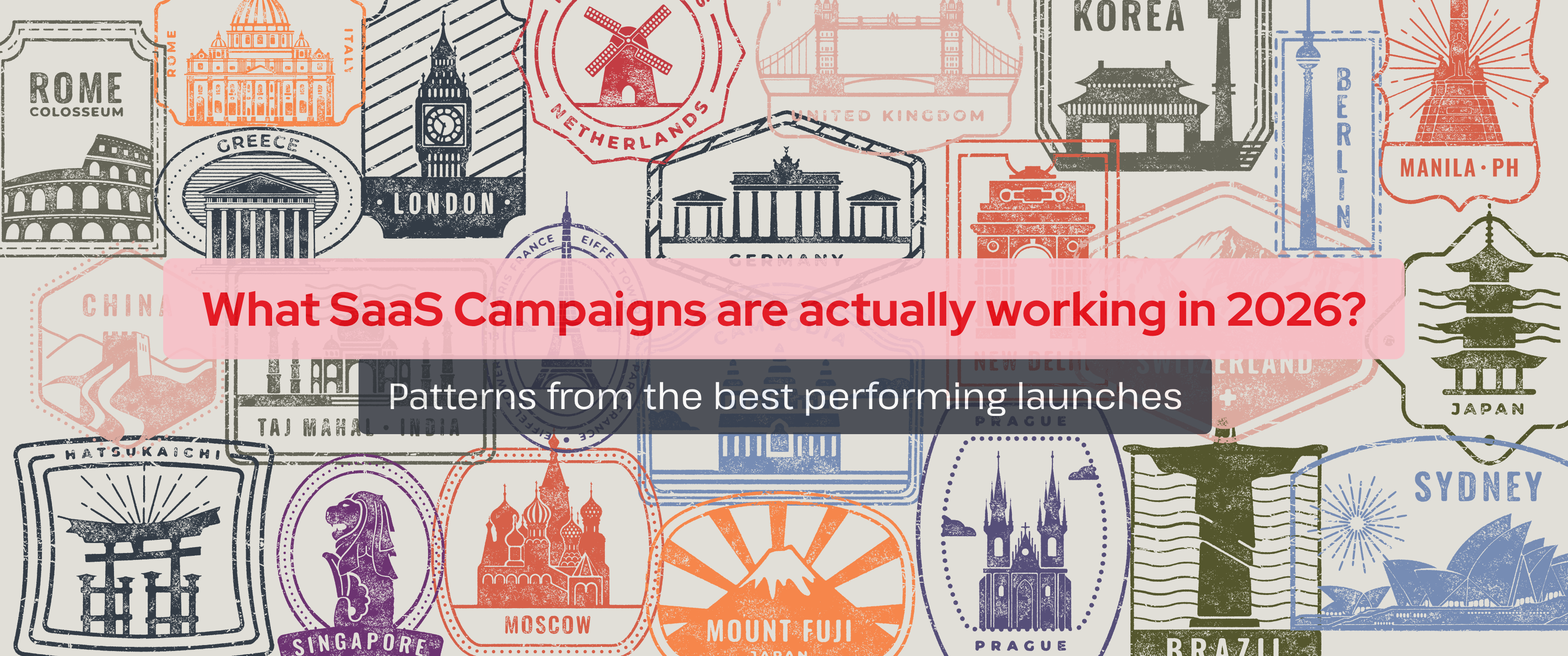 Blog header featuring a collage of vintage-style travel passport stamps and landmark illustrations from cities and countries around the world, including Rome, London, Berlin, Seoul, Tokyo, Sydney, and Moscow. Overlaid text reads, “What SaaS Campaigns are actually working in 2026?” with the subheading, “Patterns from the best performing launches.” The design uses muted colors with red and dark gray text highlights.